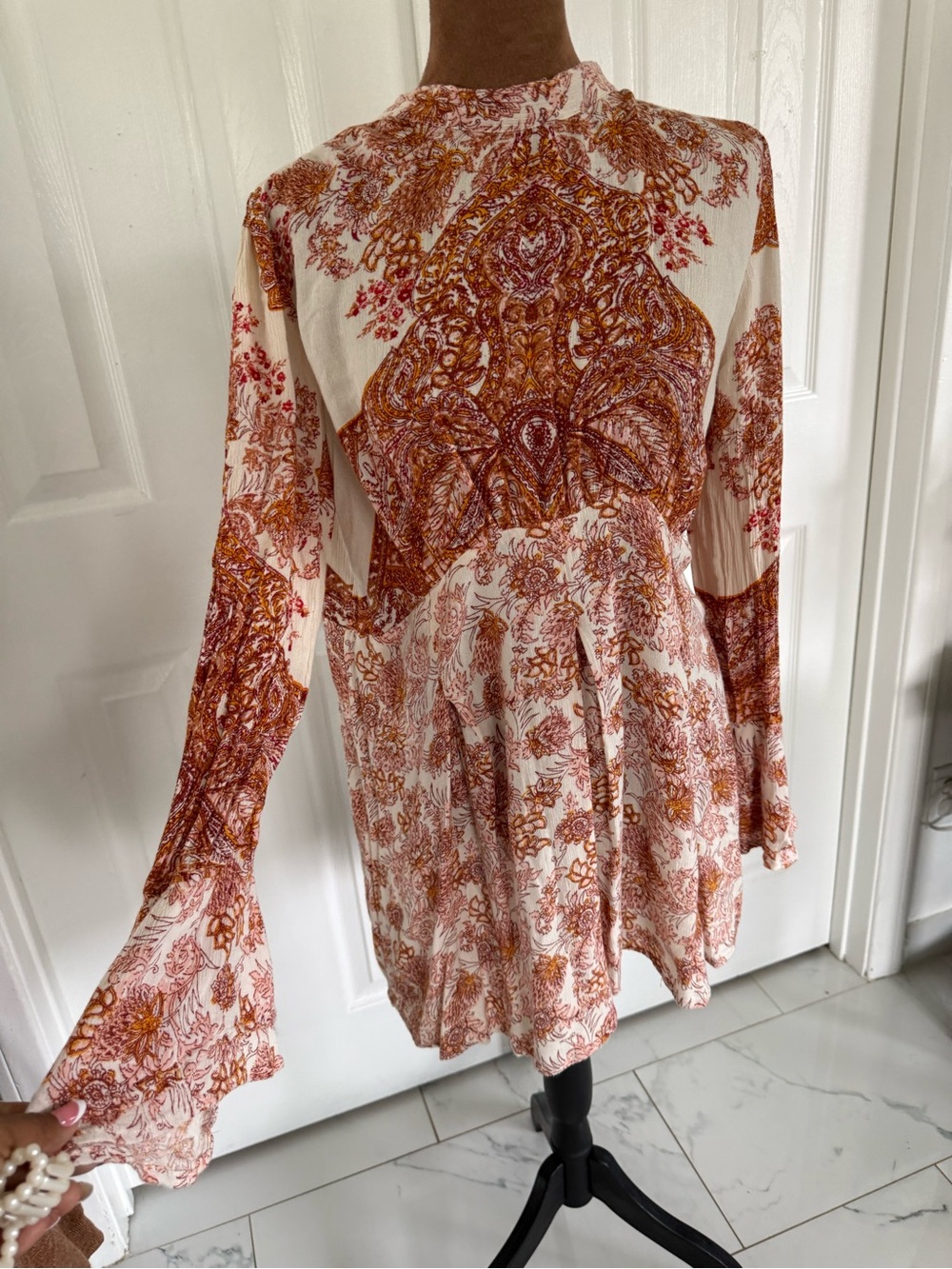 Free People Rust and Cream Paisley Long-Sleeve Mini Dress